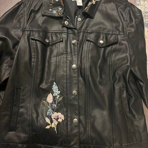 Christopher & Banks Black Floral Embroidered Leather Jacket